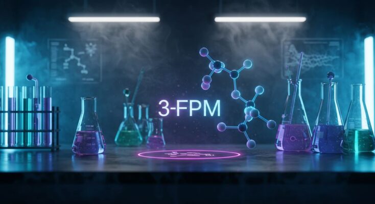 Shocking chemical properties of 3-FPM, featuring its molecular structure with a morpholine ring, fluorine-substituted phenyl group, and methyl attachment.